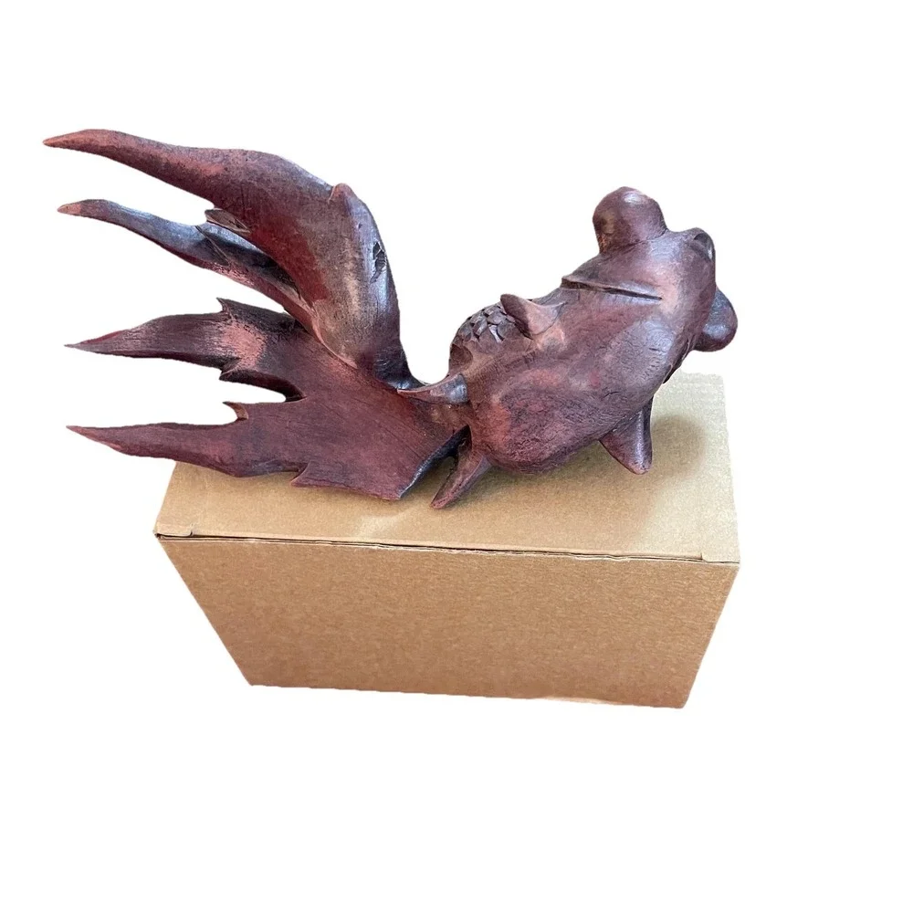 Hand Carved Wood Goldfish Figurine Bubble Eye Sculpture‎ Brown Nautical Decor